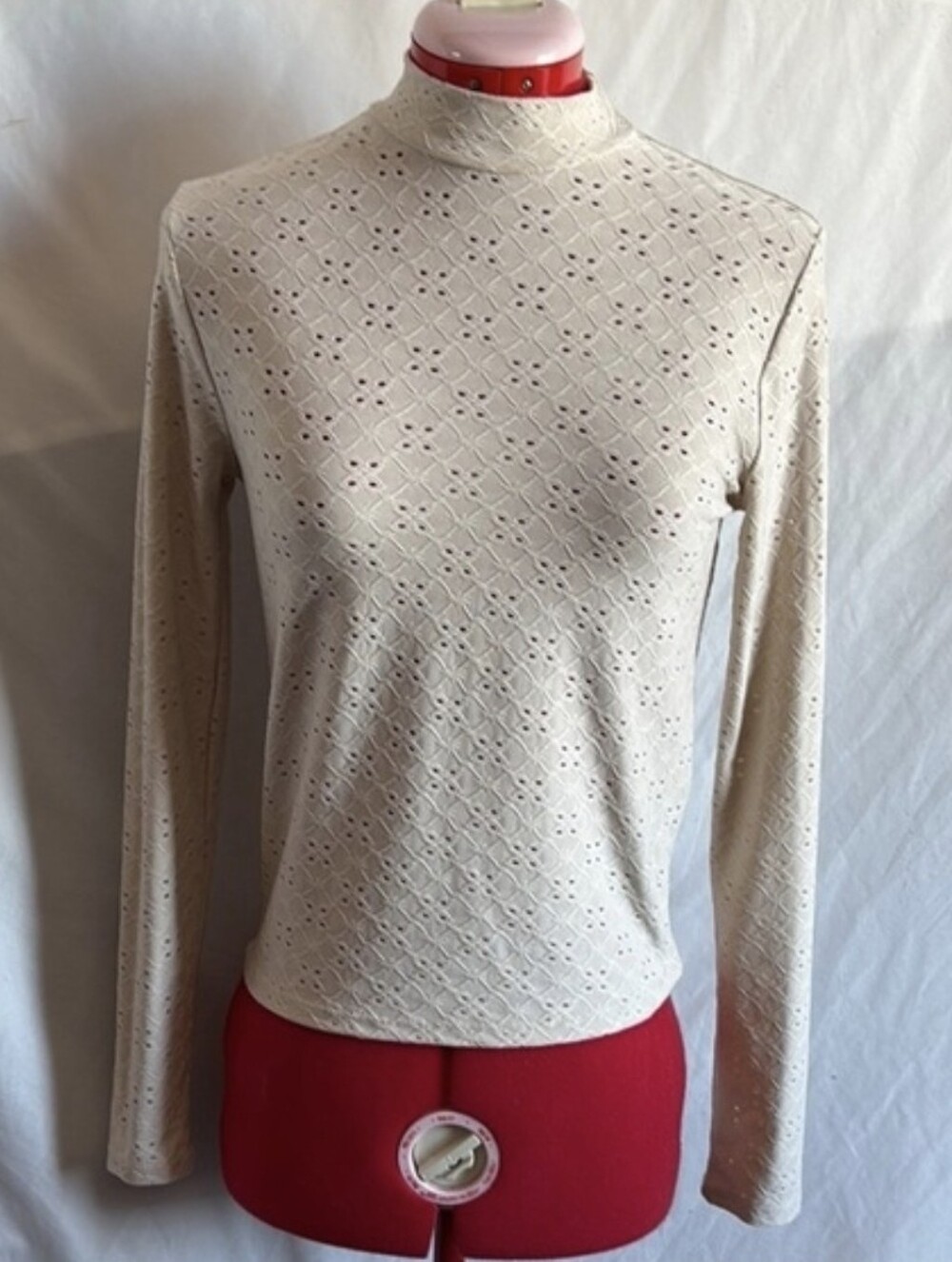 Forever 21 Cream Eyelet Mock Neck Long Sleeve Blouse Top - Size M